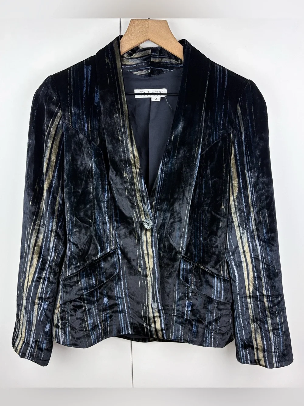 Kay Unger Velvet Striped Slim Single Button Blazer Jacket Black Blue Evening 2
